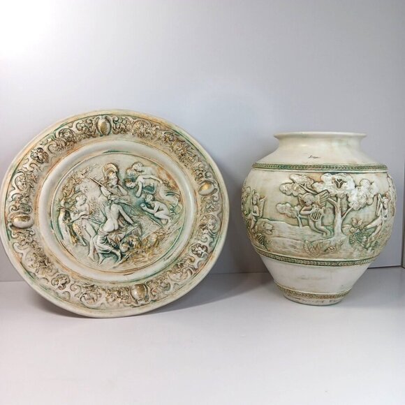 Rare Berger Vase And Plate Set Made In Italy With Excellent Patina Vintage VTG - Picture 1 of 16